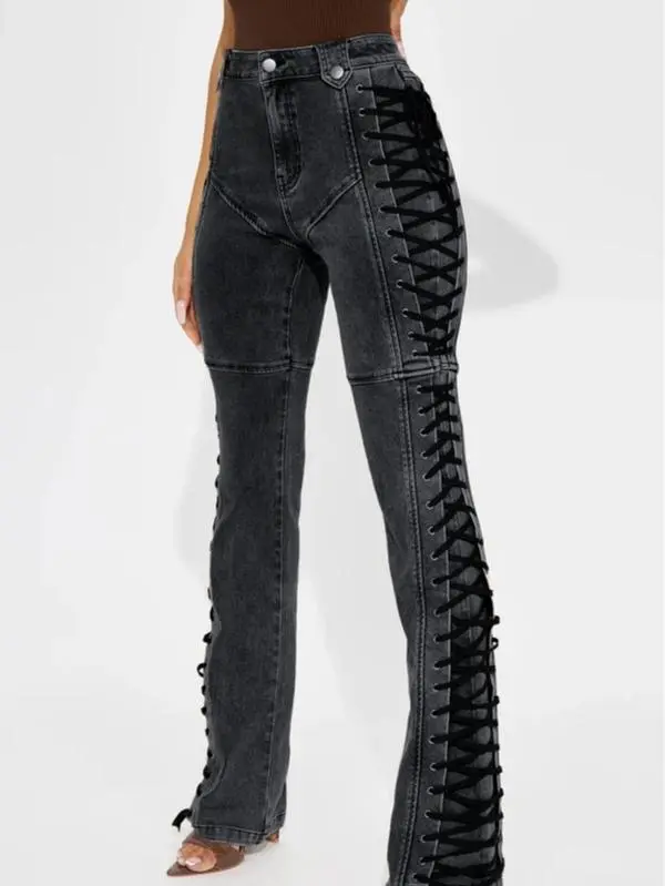 Women’s Lace-Up Flare Pants – High Waist Vintage Stretchy Bell Bottom Jeans