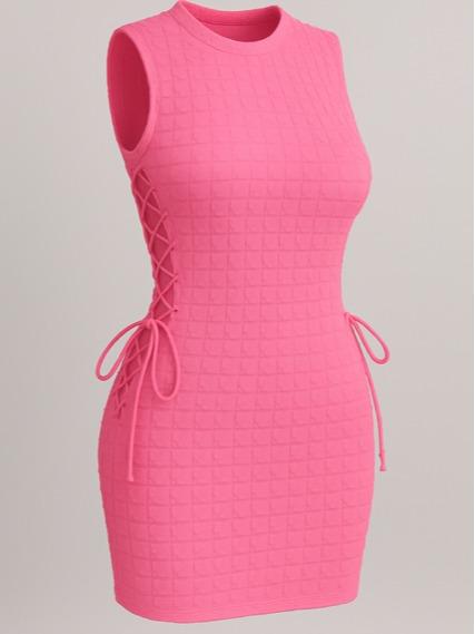 Lace Up Bubble Bodycon Dress-Sleeveless - Elegant Summer Wear with Adjustable Fit & Chic Bubble Design in Black Pink Green & Blue