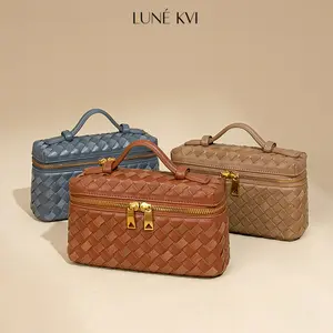 LUNÉ KVI Handcrafted Two-Tone Matte Suede Leather Woven Box Bag Fashion Mini Handbag Dual-Zip Versatile Shoulder Crossbody Small Square Bag for Women Crossbody Handbag