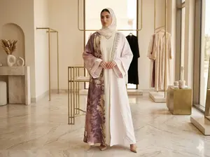 Women's Modest Abayas 2-Piece Set - Serene Marble-Print, Waffle-Knit Islamic Clothing