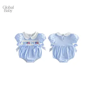 Global Baby Girls Romper, Short Sleeve Doll Collar Stripes Embroidery Bow Flag Summer Bodysuit for Independence Day Blue Body with white collar and floral embroidered thread