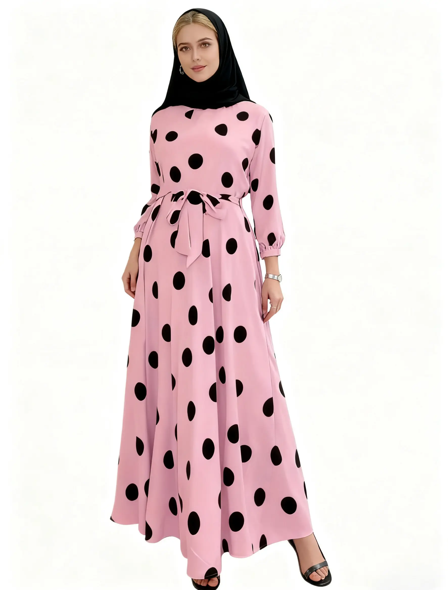Women's Polka Dot Print Belted A Line Muslim Dress, Modest Flounce Sleeve Keyhole Neckline Islamic Dress for Daily Wear, Ladies Clothes for All Season