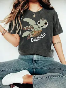 Women's Cartoon Turtle Print Round Neck Tee, Fashion Casual Crew Neck T-Shirt for Daily Holiday Vacation Outdoor Wear, Ladies Clothes for Summer, Top