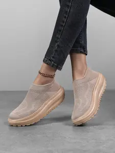 Women's Hollow Knit Thick Sole Mules, Striped Ruched Toe Slip-On Shoes, Non-Slip Breathable Lightweight Casual Footwear