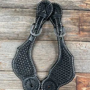 Black Genuine Leather Basketweave Tooled Spur Straps Black Genuine Leather Basketweave Tooled Spur Straps