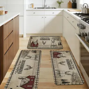 Farmhouse Flannel Kitchen Rugs Anti Fatigue 1/2/3pcs, Washable Non-Skid Kitchen Mat, Farmhouse Rooster Kitchen Floor Mat, Flannel Cushioned Kitchen Floor Mats
