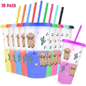 10pcs/24oz/710ml/Plastic Tumblers,Color Changing Cups With Lids And Straws,Water Bottle,Iced Coffee Cups,Brown Highland Cow Pattern,Cactus And Heart Shapes,Perfect For Family And Friend Gatherings,Ideal for birthday celebration,Valentine's Day Gifts