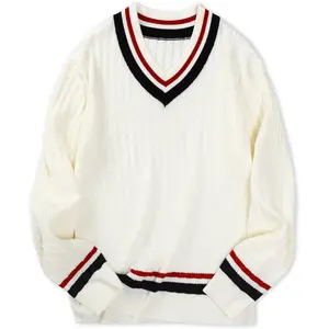 Men's V-Neck Pullover Sweater Long Sleeve Cable Knit Warm Sweater with Ribbed Cuffs White Blended Fabric Twisted Rope Pattern