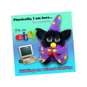 Square Furby Ebay Retro Sticker, 4x4 inches, XL in size.