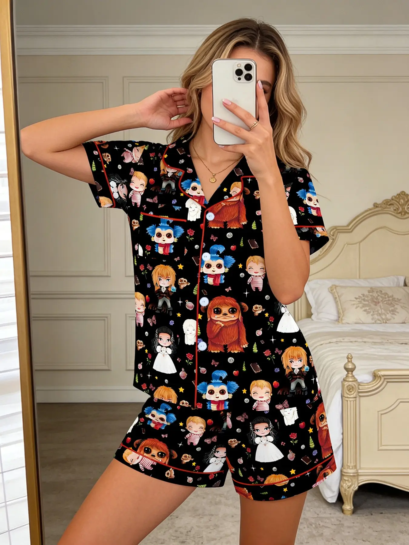 Women's Labyrinth Sleepwear Set Two-Piece Comfortable Short Sleeve Button-Up Top and Elastic Shorts Casual Home Wear Loungewear Pajama Pyjamas Pjs Print，Ludo，Sarah Williams，Jareth the Goblin King，Summer Pajama Set