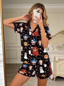 Women's Labyrinth Sleepwear Set Two-Piece Comfortable Print Short Sleeve Button-Up Top and Elastic Shorts Casual Home Wear，Ludo，Sarah Williams，Jareth the Goblin King