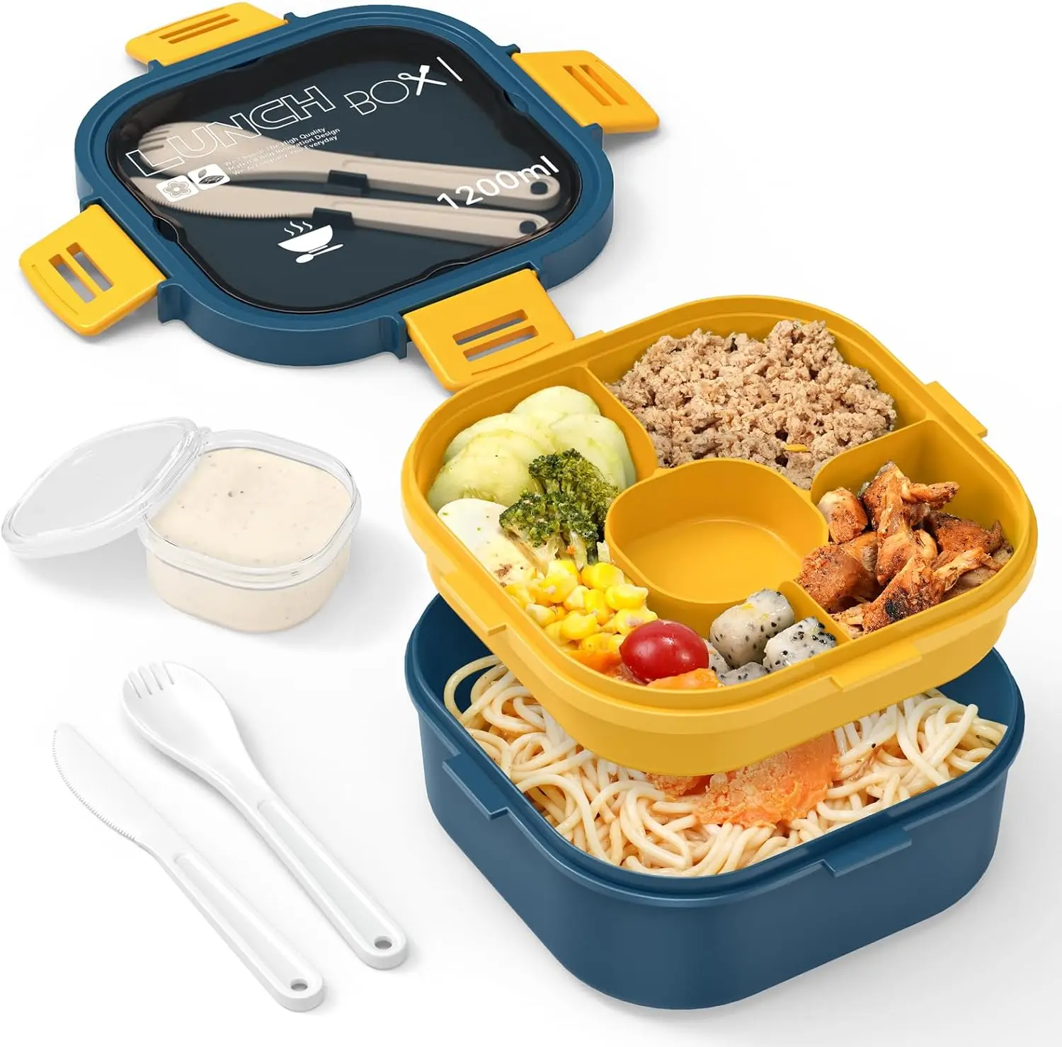 Pedeco Bento Box, Stackable Salad Lunch Container, Versatile 4-Compartment Bento Tray, Reusable Spoon & Fork, Dishwasher Safe,for Adults and Kids, 1200ML(Blue)