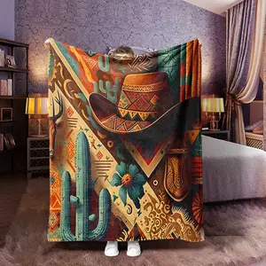 Western Cowboy Style Patchwork Flannel Blanket, Soft Warm Anti-Pilling, Ideal for Naps Camping Travel, Multifunctional Blanket