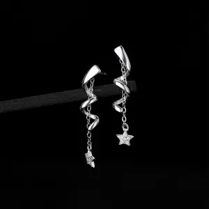 s925 sterling silver Tassel Chain Spiral Star Earrings，Minimalist Simple Unique Earrings for galentine‘s party valentine’s day gift，fashion zirconia earrings，anniversary holiday jewelry，gift for women