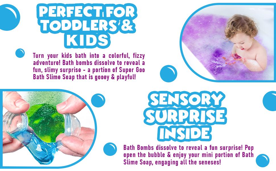 Tub Works Super Goo Bath Slime 'Surprise' Bath Bombs 6 Pack Stretchy Squishy Slime Soap Surprise Inside Sensory Fun Bath Bombs for Kids Non-Toxic & Kid-Friendly Blueberry - Grape