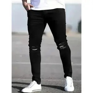 2026 New Men'S Distressed Slim-Fit Jeans; Flexible Black Frayed Casual Versatile Pants.