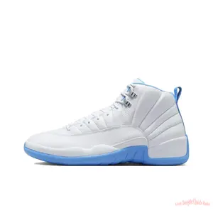 White and Blue High-Top Retro Basketball Shoes with Leather Upper, Metallic Silver Lace Locks, and Stitching Details