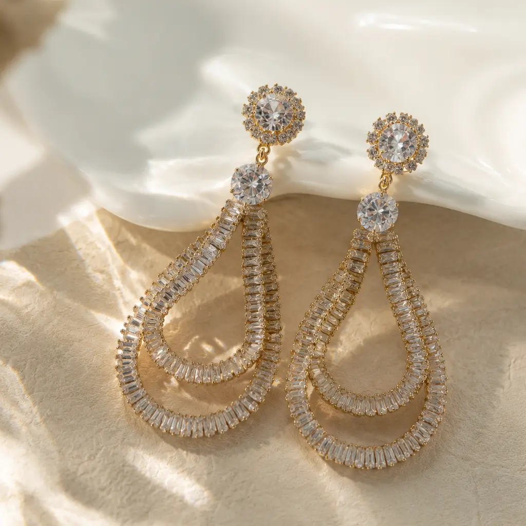 18K Gold Plated Baguette CZ Drop Earrings, Statement Shine, Evening Chic