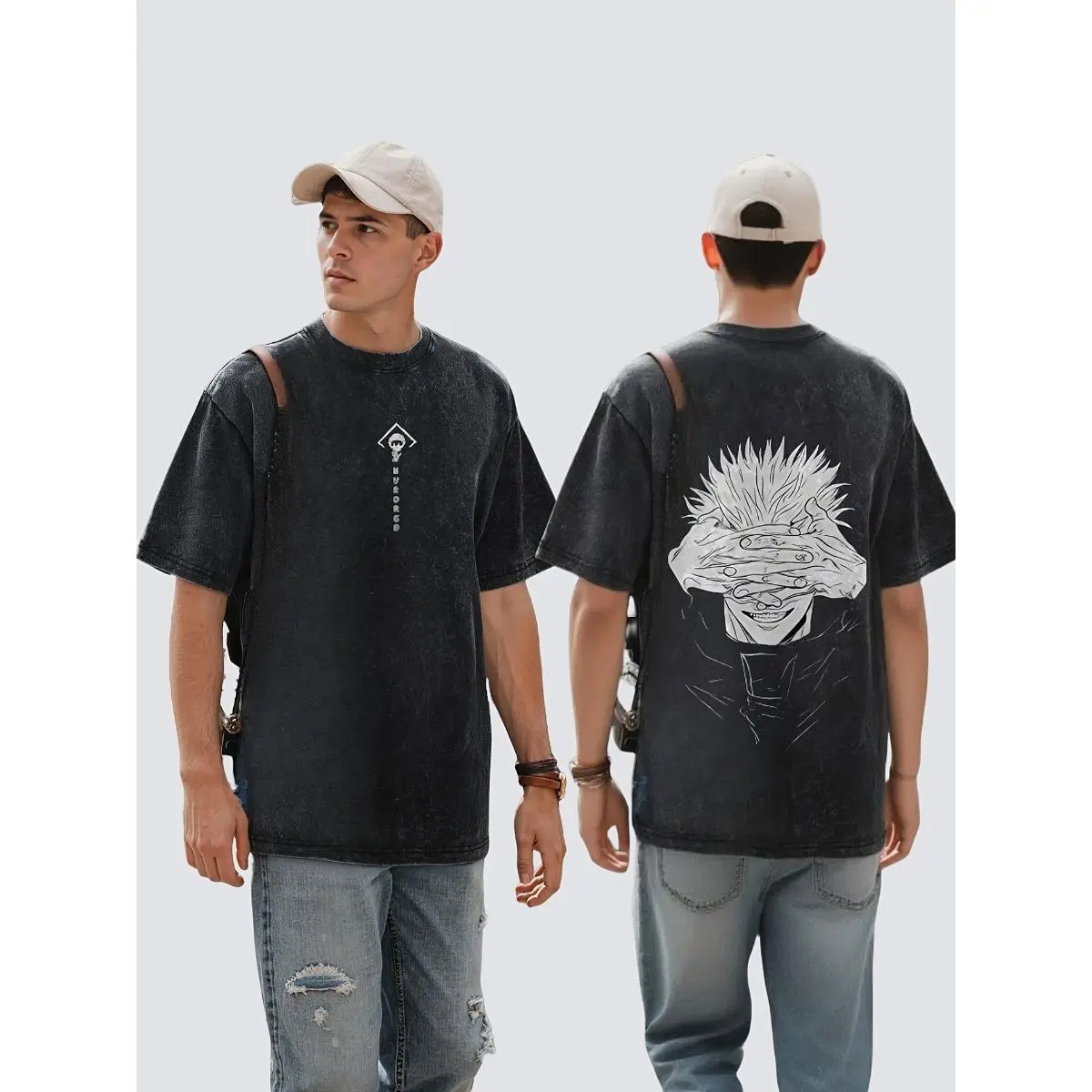 Men's Satoru Gojo T-Shirt, Casual Acid Washed Oversized Tee in 100% Cotton with a Seamless Rib Crewneck