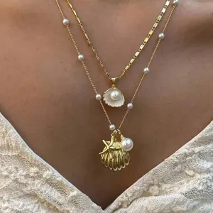 LUX-JEWEL - 2pcs Set Fashion Boho Gold Color Marine S Starfish Pendant Pearl Chain Multi-layer Fold Wear Necklace for Women Jewelry Sets