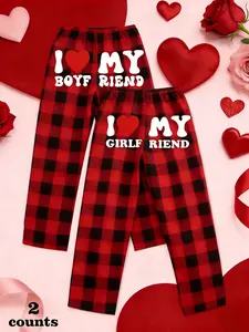 Men Women Plaid Pants Set, Letter Print Fitted Casual Sleepwear, Comfortable Elastic Waist Home Wear, All Season Soft Fabric, Loungewear