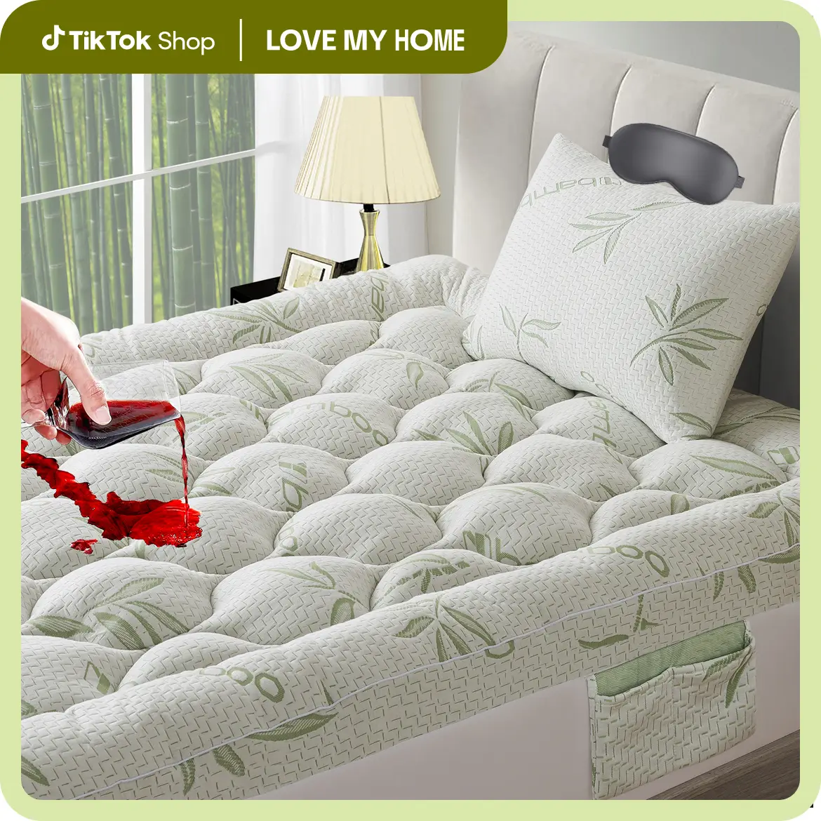 Springtok 2025 OBOEY Bamboo Mattress Topper 1000GSM with 1 Pillow Protector&Eye Mask, Side Pocket, Waterproof Mattress Protector, Cooling Extra Thick