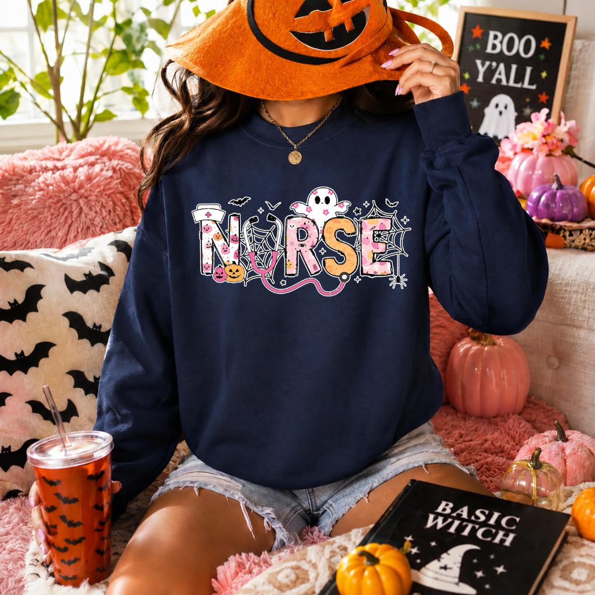 Halloween Nurse Sweatshirt, Cute Ghost Nurse Graphic Crewneck, Spooky Medical Worker Pullover, Funny Healthcare Fall Gift, Nursing Student