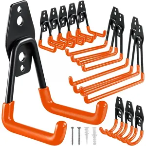Garage Hooks, 12 Pieces Heavy Duty Garage Hooks Storage Rack Non-slip Double Garage Storage Hooks for Ladders, Power Tools, Bicycles, Ropes - Orange