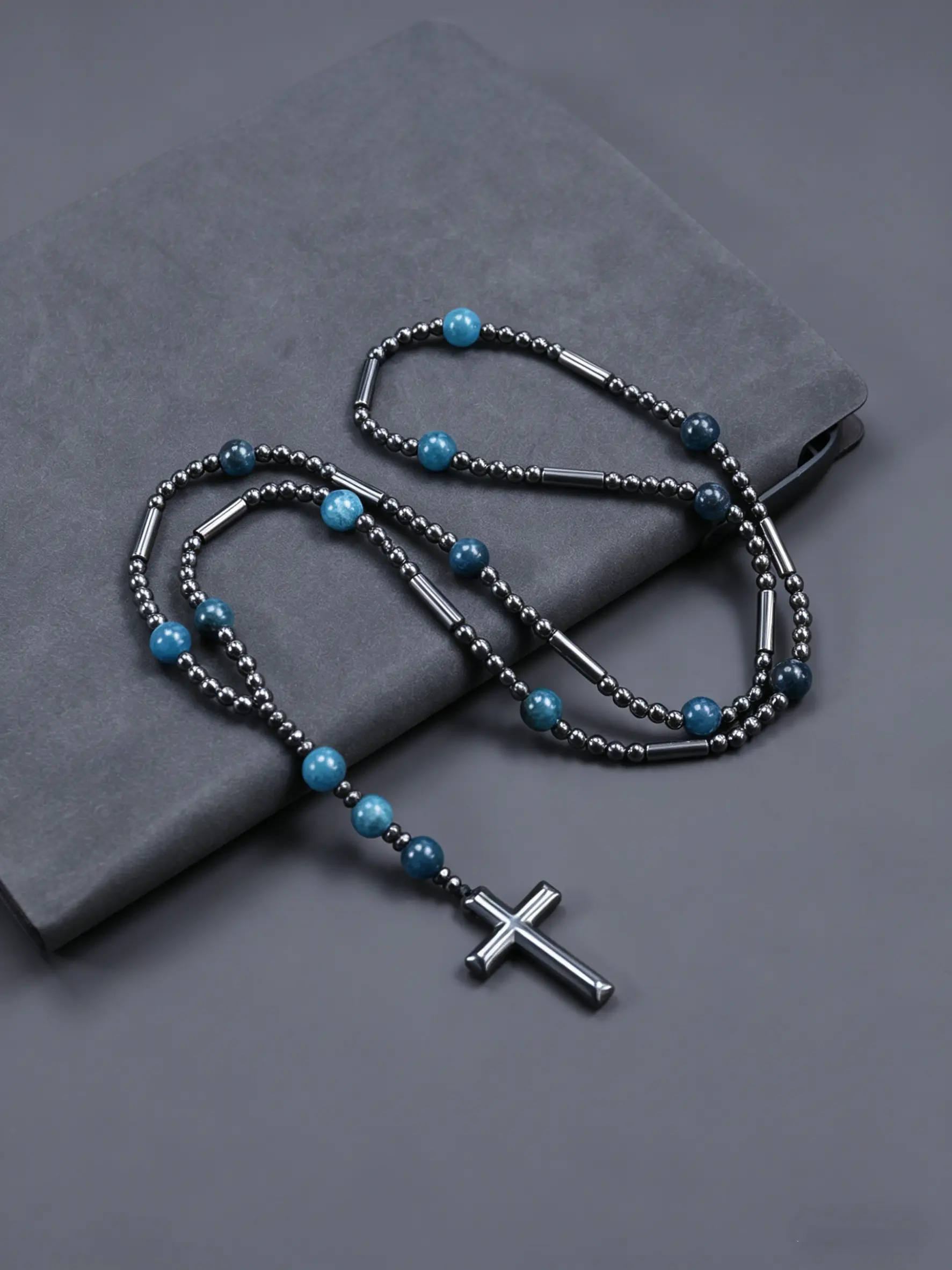 1pc Hematite 4mm Beads Necklace, Natural Stone Cross Pendant, Retro Style, Unisex Birthday Gift, All Seasons Jewelry