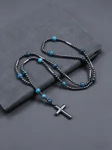 1pc Hematite 4mm Beads Necklace, Natural Stone Cross Pendant, Retro Style, Unisex Birthday Gift, All Seasons Jewelry