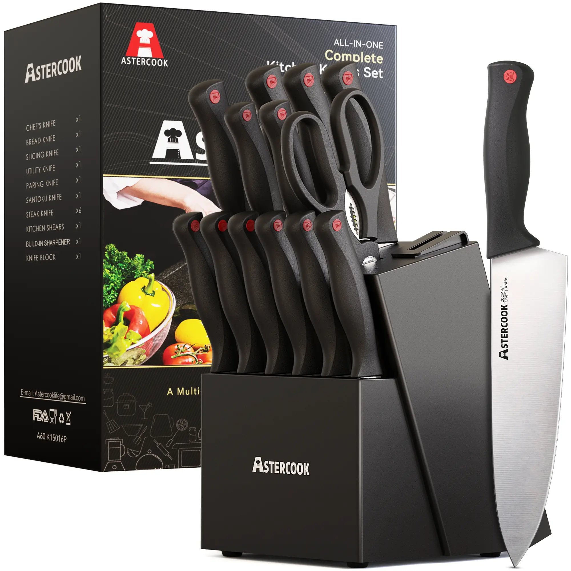 Astercook 14 piece kitchen knife set, dishwasher safe, high carbon stainless steel knives, kitchen utensils black knives butter knives Block Cutting