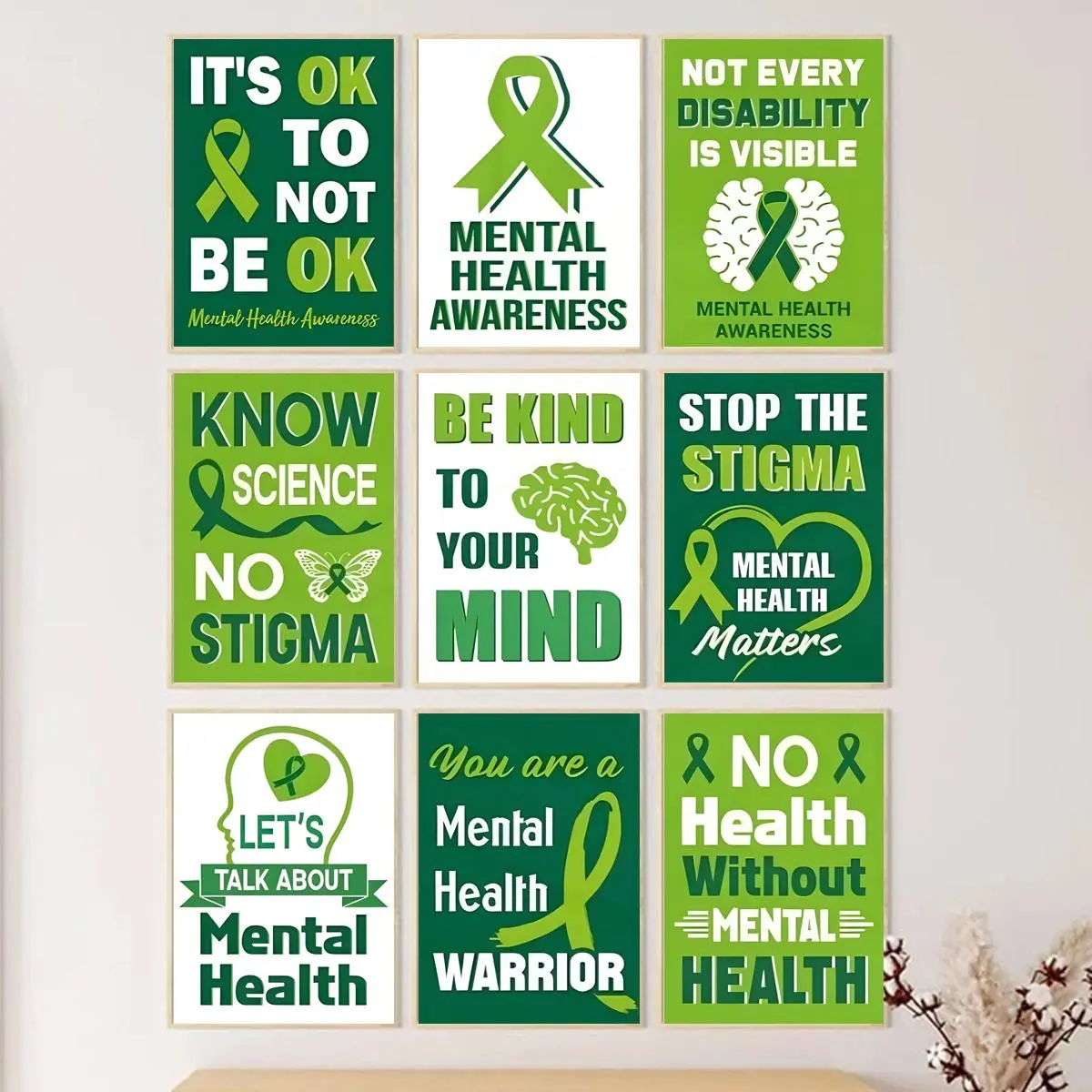 9pcs/set Frameless Green Mental Health Awareness Poster Set, Ribbon Design, Perfect for School Educational Activities & Classroom Activities, Charity Event Wall Decoration