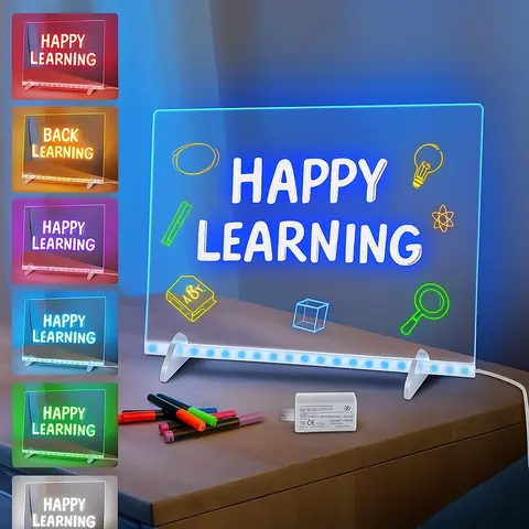 12"x8" Illuminated Reusable Acrylic LED Dry Erase Message Board Kit - Neon Static/Fade/Flash Modes, Paint Pens Markers, Power Adapter, Spray Bottle, Soft Cloth, Chain - 6-24 Years, Home Office Kitchen Novelty Lighting Decor