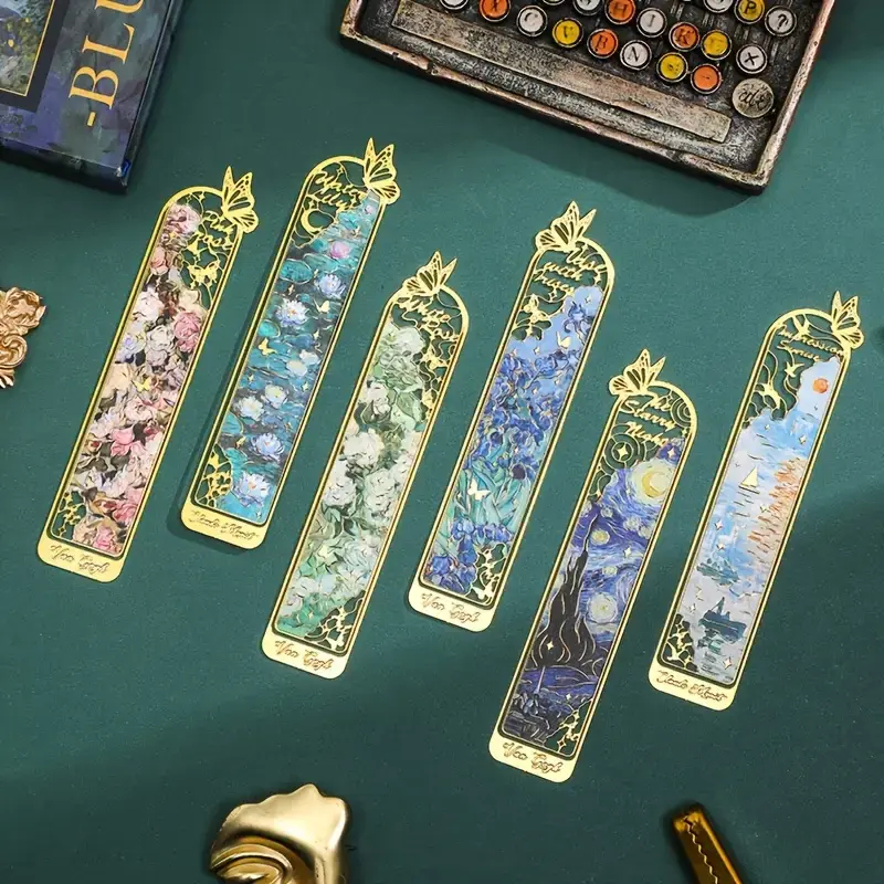 6 metal bookmarks, gold hollow book clips, bookmarks with Van Gogh and Monet oil painting themes, suitable for book lovers, writers, readers, teachers, students, unique birthday and holiday gifts.Suitable for home, office, and school book accessories