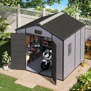 8x8 FT Outdoor Storage Shed with Lockable Double Doors&Built-In Floor, Weather-Resistant Metal Garden Shed with Sloped Roof for Backyard, Patio & Lawn, Gray/Black