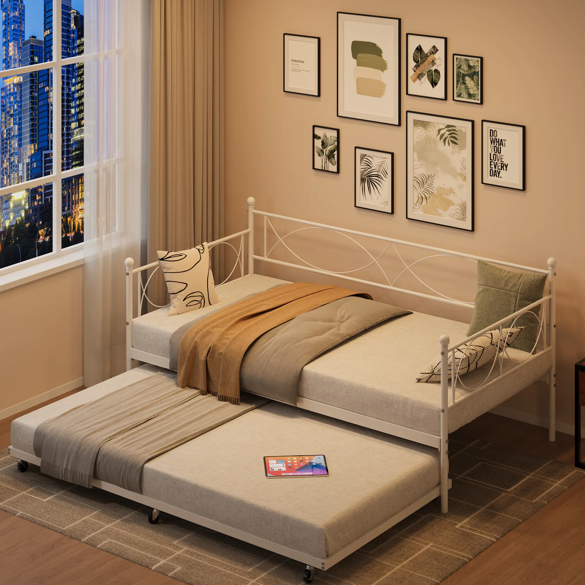 【GARVEE】Space-Saving Modern Twin Metal Daybed with Trundle – Sofa Bed Frame, Steel Slat Support, Multi-Functional Guest Bed for Bedroom, Living Room, Kids Room – Fits Twin Size Mattress