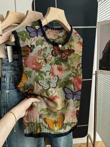 Women's Casual Fitted Knit Top, Womenswear Butterfly Floral Print Color Block Design, Round Neck Sleeveless Sweater Vests for Spring Summer Fall Winter