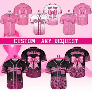 Personalized Coquette Breast Caner Baseball Jersey, Custom Name Pink Ribbon Jersey, Faux Glitter Breast Cancer Awareness Support Squad Gift