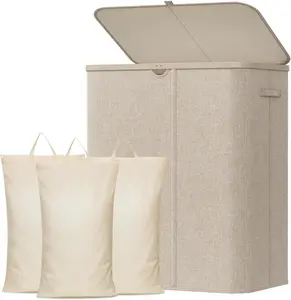 185L Large 3 Section Laundry Hamper with Lid, Plastic Laundry Basket with Bamboo Handles and Removable Bags, Tall Foldable Clothes Hamper for Bathroom Bedroom, Beige