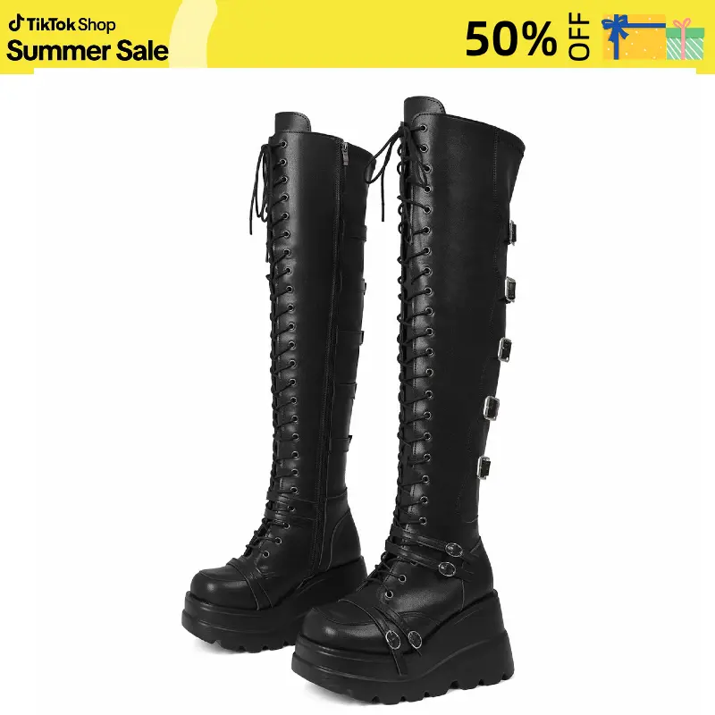 AOSPHIRAYLIAN Women's Gothic Thigh-High Boots, Punk Platform Wedge in Stretch PU Leather with Lace-Up Buckles and Round Toe, Shoes, Walking Shoes, Alt Outfits