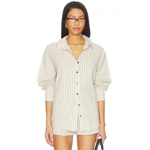 ALL THE WAYS Kadence Button Up Top in Beige & White Stripe