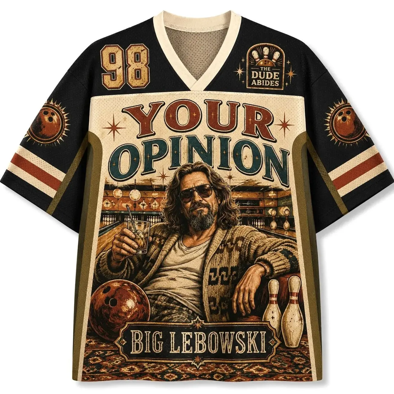 The Dude Abides Bowling Mesh Jersey Shirt, The Big Lebowski Graphic Jersey, Retro Movie Bowling Fan Top, Unisex Cult Film Jersey Gift N4J