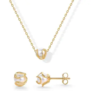 PAVOI 14K Gold Plated Rounded Shell Pearl Necklace and Stud Earring Set for Women | Jewelry Pack with Pearl Pendant Necklace and Stud Earrings PAVOI