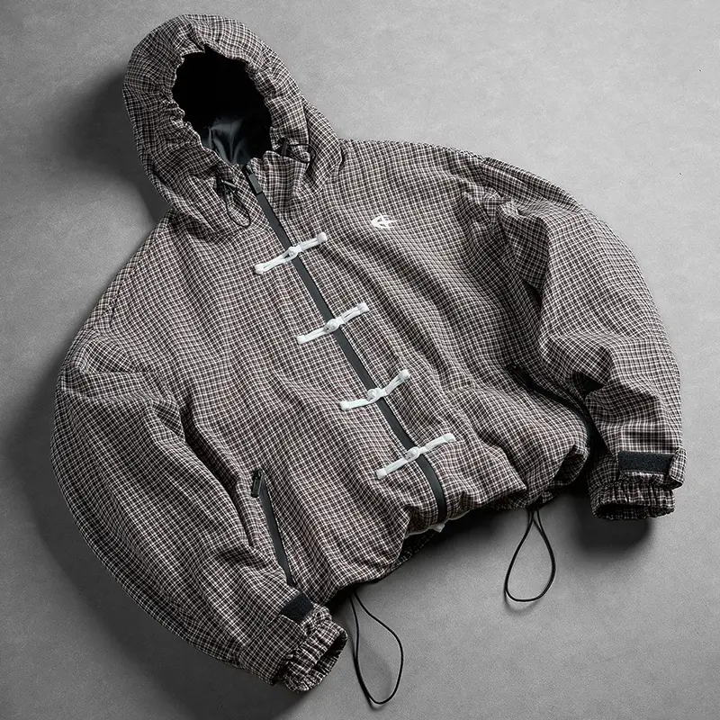 Grid Check Frog Button Hooded Cropped Windbreaker Jacket Unisex Adjustable Drawstring Hem Zipper Side Pockets Lightweight Plaid Techwear Retro Urban Streetwear Casual Hooded Outerwear Everyday Sweatshirts