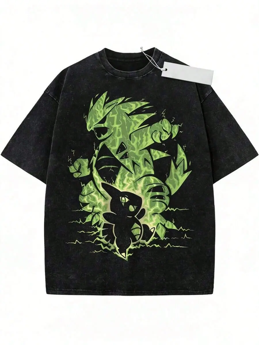 Vintage Washed Black Larvitar Tyranitar Anime T-Shirt 100% Cotton Unisex Short Sleeve Graphic Tee Summer Casual Gift For Men