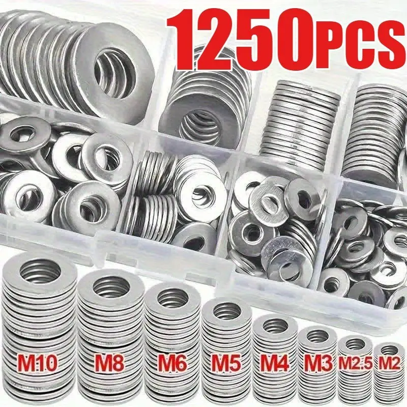 1250pcs 304 stainless steel flat washers classification kit (M2 M2.5 M3 M4 M5 M6 M8 M10 M12) for home decoration, factory repair, kitchen, shop and outdoor work Hex Nuts Hex Cap Screws