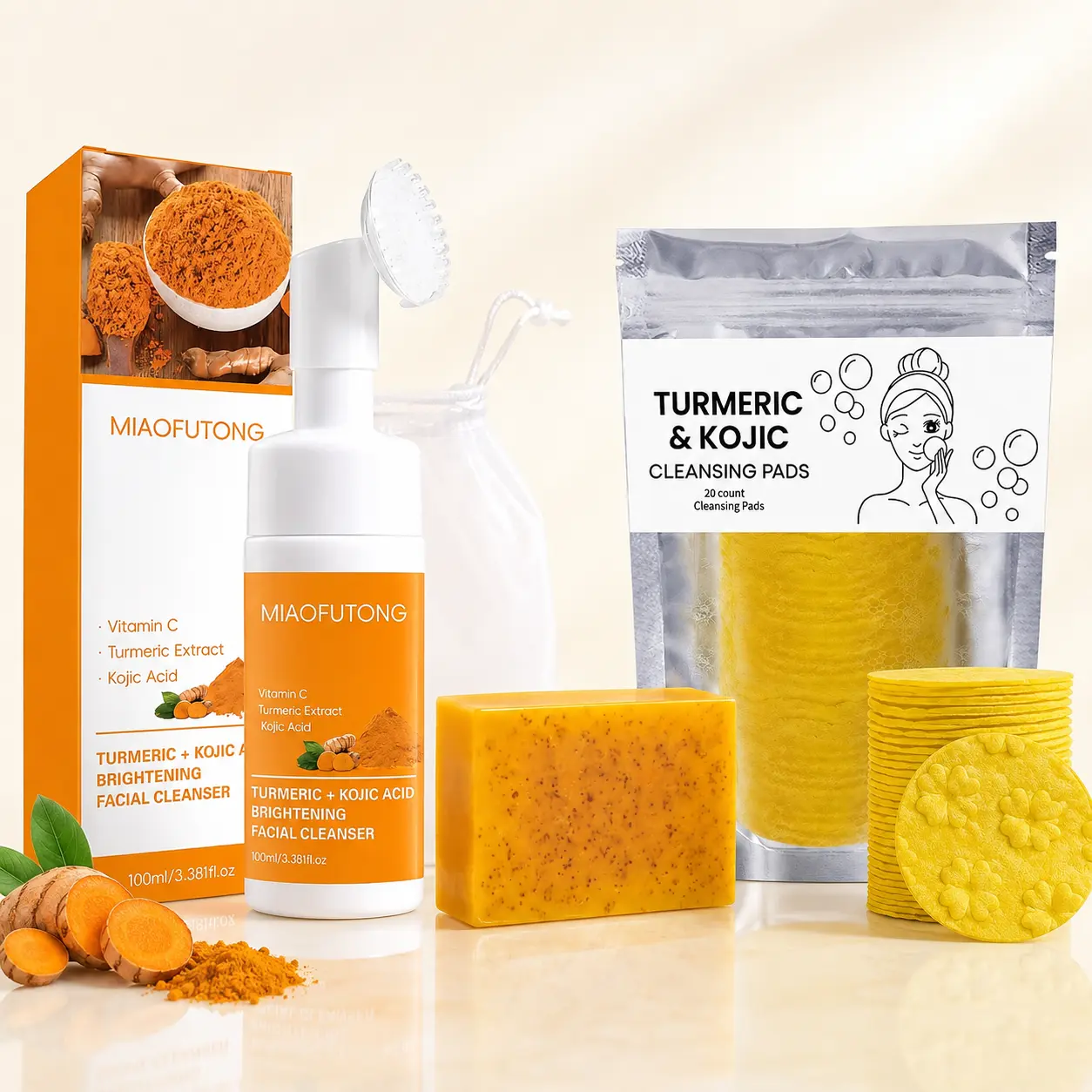 Turmeric & Kojic Acid Family Daily Skincare Set – Foaming Face Wash, Cleansing Pads and Bar Soap for Facial Cleansing and Care Cleanser Kit