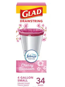 Glad Drawstring Trash Bags 4 Gallon with Febreze Cherry Blossom Odor Resistant 34 Count Small Garbage Bags for Secure Leak-Free Disposal
