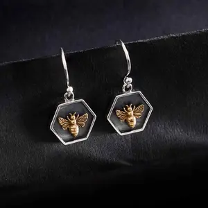 Mixed Metal Hexagon and Bee Dangle Earrings
