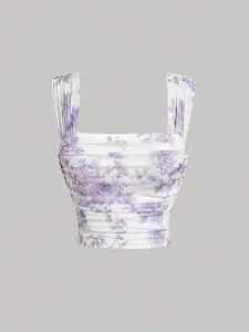 Women's Square Neck Lilac And White Floral Print Slim Fit Pleated Elegant Charm Top